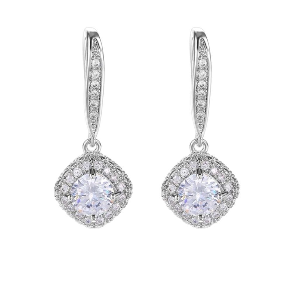 White Cubic Zirconia Halo Style Rounded Drop Earrings Silver Tone Women’s OS